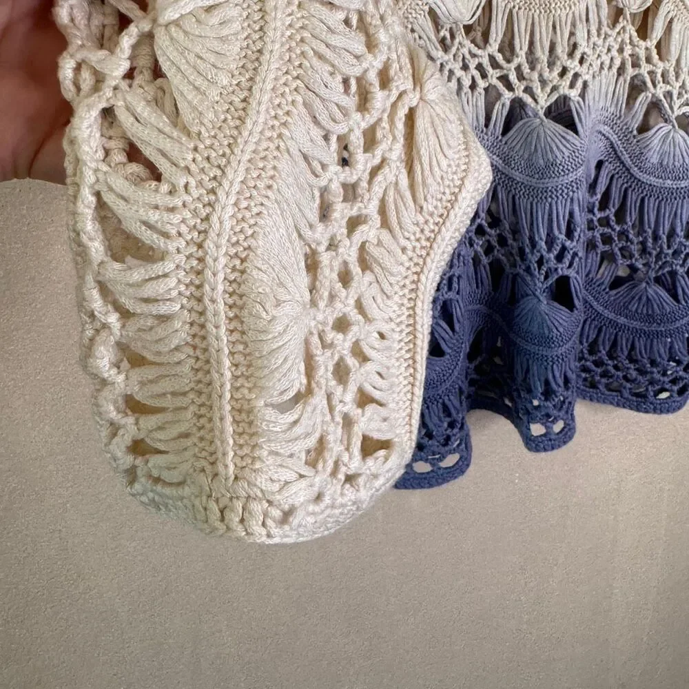 Jason Maxwell Crochet Top Large Beachy Boho Ombre Ivory Blue Vacation Coverup - Picture 4 of 10